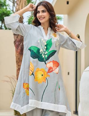 Grey printed silk kurta trouser set 1