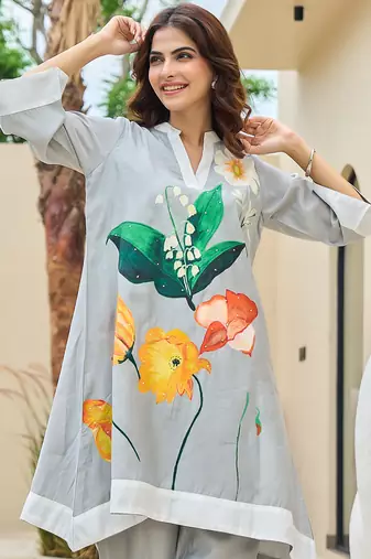 Grey printed silk kurta trouser set