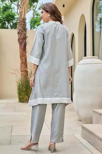 Grey printed silk kurta trouser set