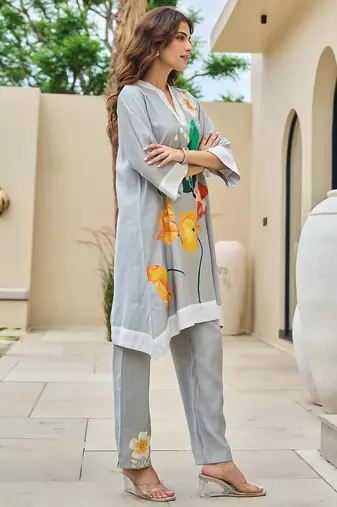 Grey printed silk kurta trouser set