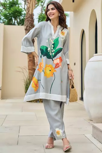 Grey printed silk kurta trouser set