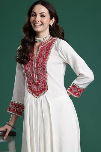 Off white embroidered silk kurta trouser set