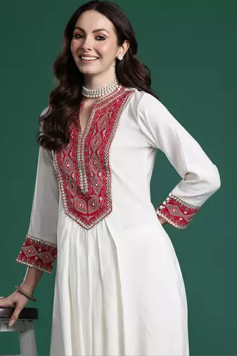 Off white embroidered silk kurta trouser set