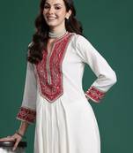 Off white embroidered silk kurta trouser set