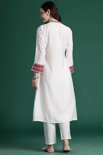 Off white embroidered silk kurta trouser set