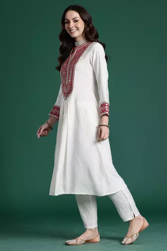 Off white embroidered silk kurta trouser set