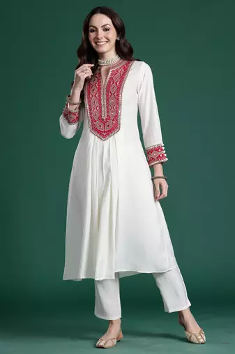 Off white embroidered silk kurta trouser set