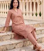 Beige embroidered pure cotton kurta trouser set