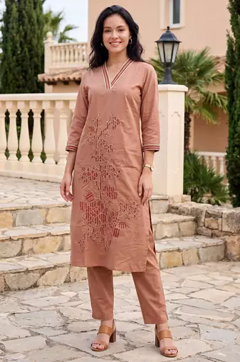 Beige embroidered pure cotton kurta trouser set
