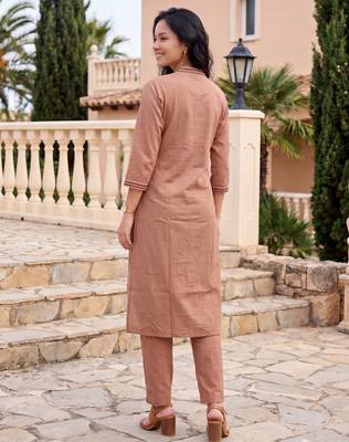 Beige embroidered pure cotton kurta trouser set 3