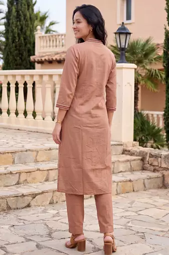 Beige embroidered pure cotton kurta trouser set