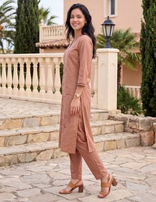 Beige embroidered pure cotton kurta trouser set 4