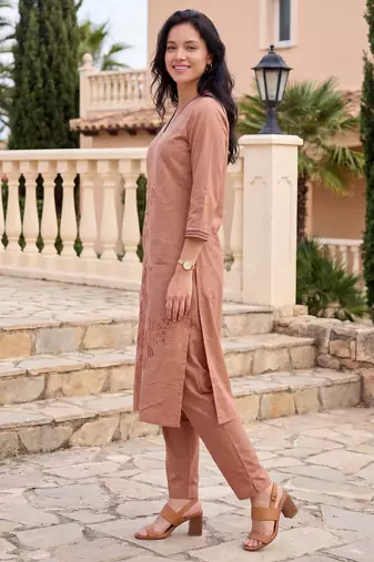 Beige embroidered pure cotton kurta trouser set