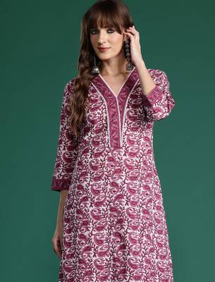 Purple printed pure cotton kurta trouser set 1