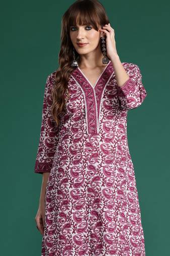 Purple printed pure cotton kurta trouser set