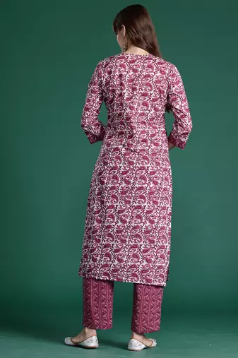 Purple printed pure cotton kurta trouser set