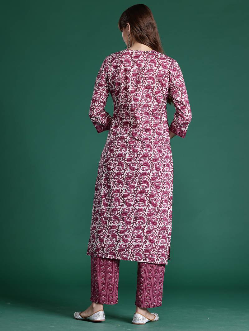 Purple printed pure cotton kurta trouser set