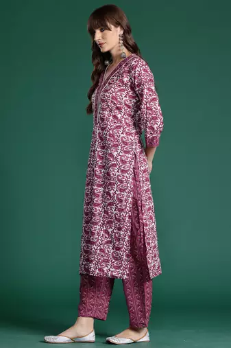 Purple printed pure cotton kurta trouser set