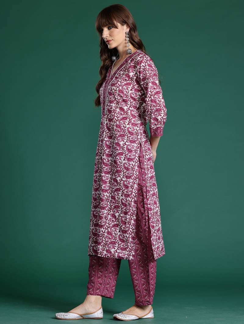 Purple printed pure cotton kurta trouser set