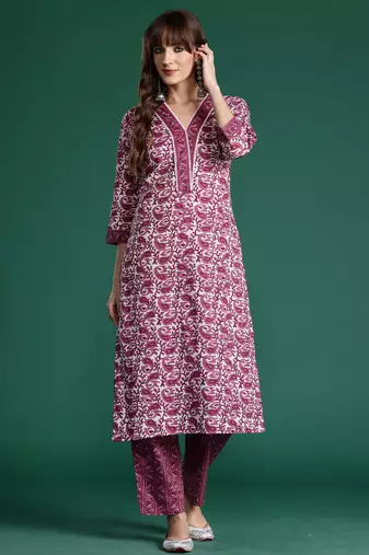 Purple printed pure cotton kurta trouser set