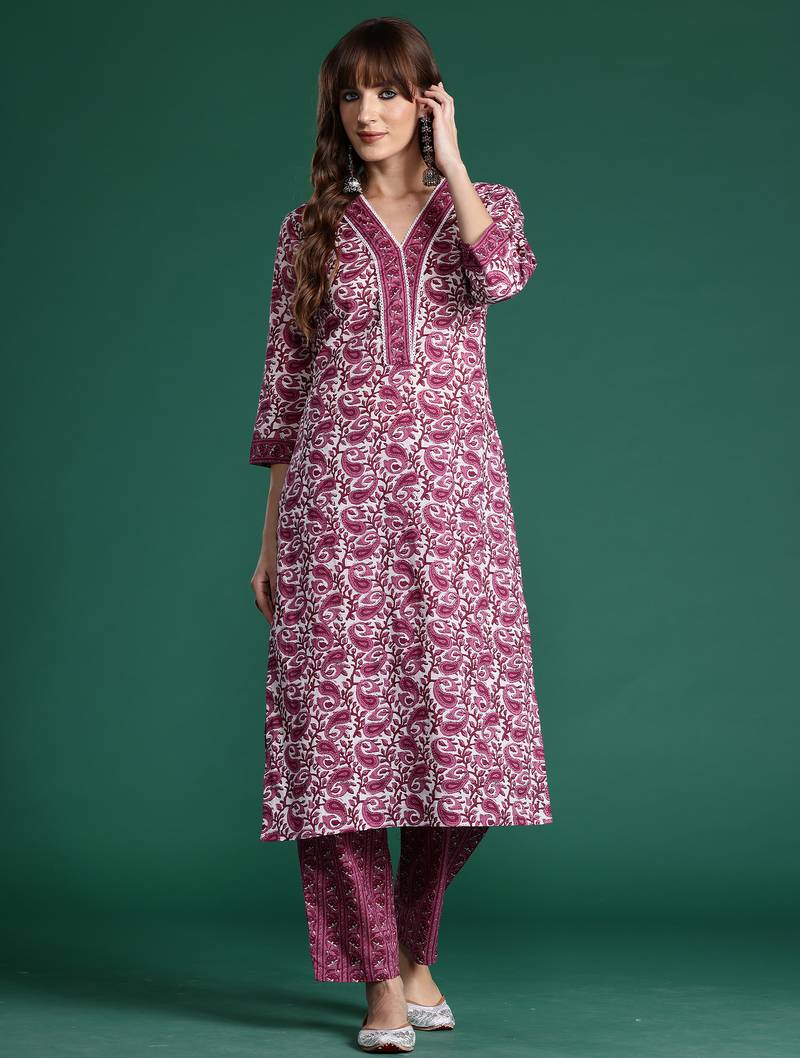 Purple printed pure cotton kurta trouser set