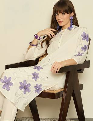 White printed pure cotton kurta trouser set 1