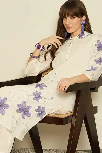 White printed pure cotton kurta trouser set