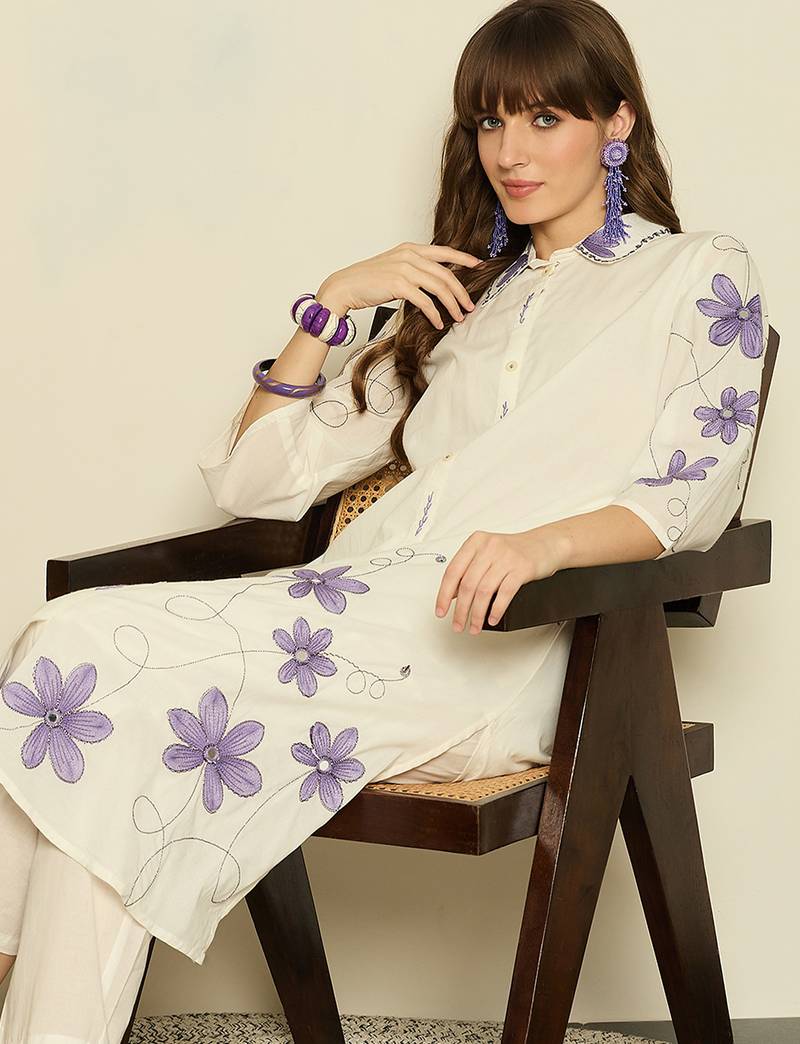 White printed pure cotton kurta trouser set