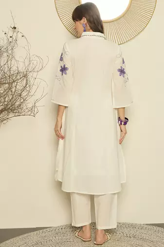 White printed pure cotton kurta trouser set