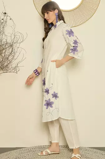 White printed pure cotton kurta trouser set