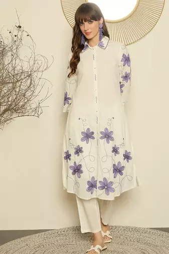 White printed pure cotton kurta trouser set