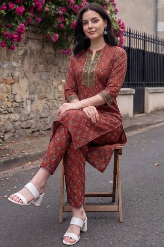 Maroon printed pure cotton kurta trouser set