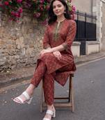 Maroon printed pure cotton kurta trouser set