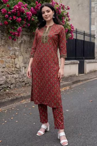 Maroon printed pure cotton kurta trouser set