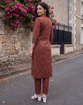 Maroon printed pure cotton kurta trouser set 3