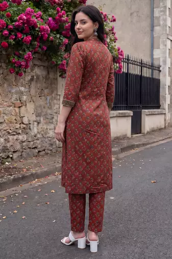 Maroon printed pure cotton kurta trouser set