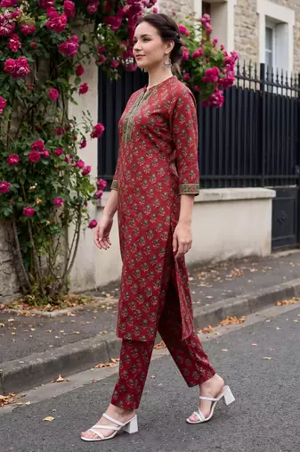 Maroon printed pure cotton kurta trouser set