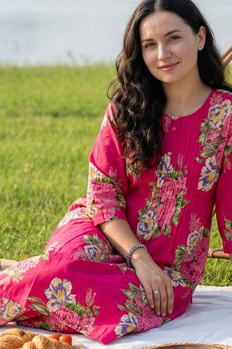 Pink printed pure cotton kurta trouser set