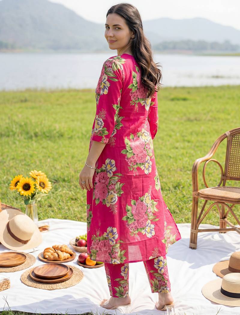 Pink printed pure cotton kurta trouser set