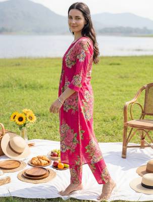 Pink printed pure cotton kurta trouser set 3