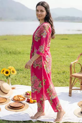 Pink printed pure cotton kurta trouser set