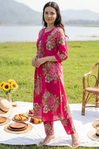 Pink printed pure cotton kurta trouser set
