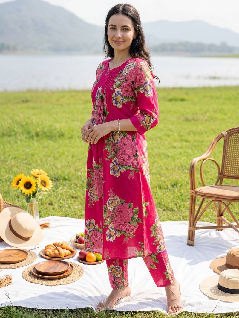 Pink printed pure cotton kurta trouser set