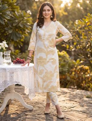 Beige printed pure cotton kurta trouser set 1