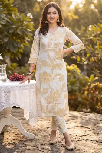 Beige printed pure cotton kurta trouser set
