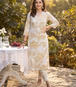 Beige printed pure cotton kurta trouser set