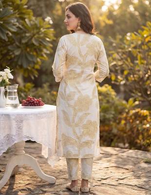Beige printed pure cotton kurta trouser set 2