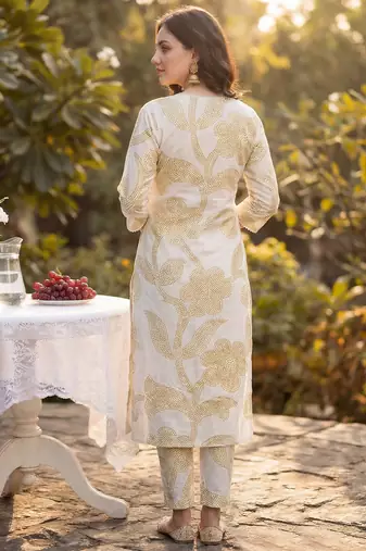 Beige printed pure cotton kurta trouser set