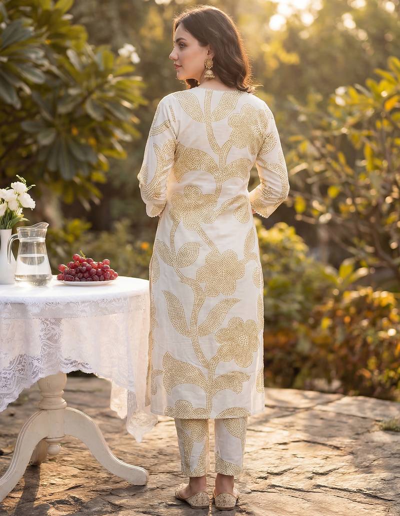Beige printed pure cotton kurta trouser set