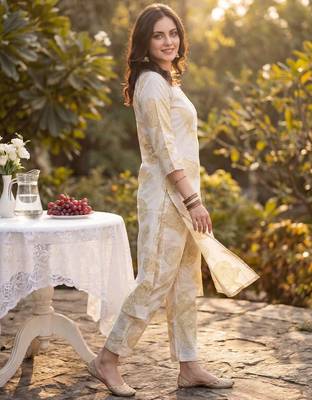 Beige printed pure cotton kurta trouser set 3